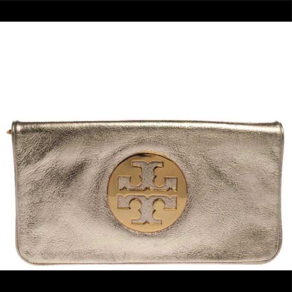 Tory Burch Metallic Gold Leather Reva Chain Clutch